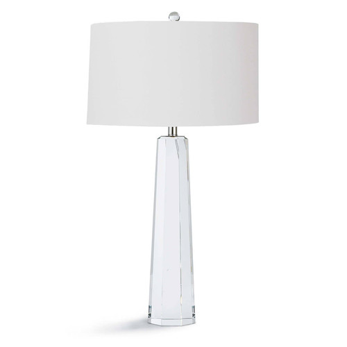 tapered crystal lamp with a white shade and crystal finial